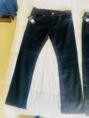 Brand New with tags True Religion Black Bootcut Jeans with Red Topstitching
